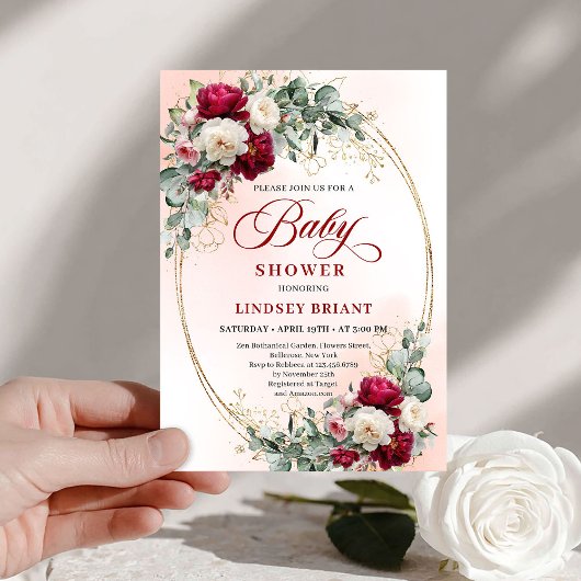 Elegant Boho Burgundy Gold Baby Shower Invitation Einladung