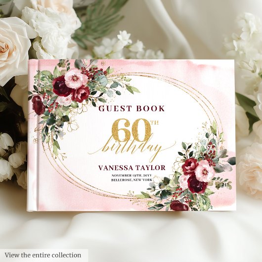 Elegant Boho Burgundy Roses Gold 60th Birthday Gästebuch
