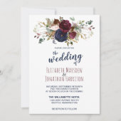 Elegant Boho Burgundy und Navy Blue Floral Wedding Einladung (Vorderseite)