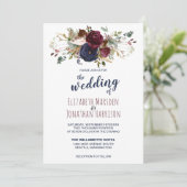 Elegant Boho Burgundy und Navy Blue Floral Wedding Einladung (Stehend Vorderseite)