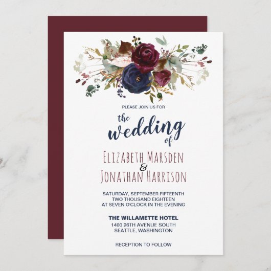 Elegant Boho Burgundy und Navy Blue Floral Wedding Einladung (Vorne/Hinten)