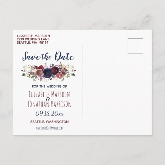 Elegant Boho Burgundy und Navy Blue Floral Wedding Einladungspostkarte (Rückseite)