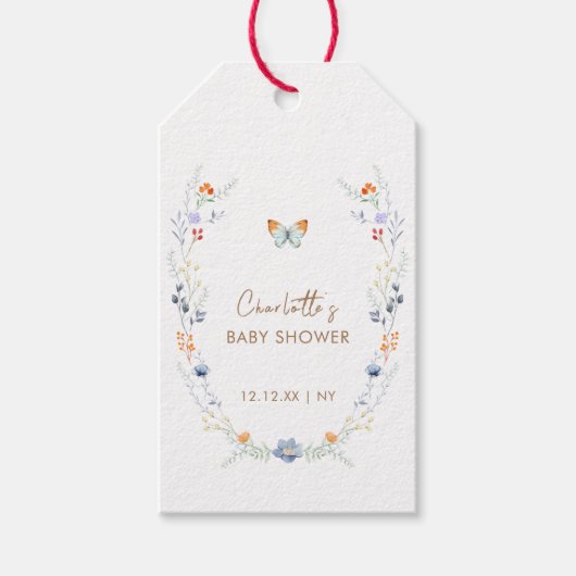 Elegant Boho Butterfly Wildblume Baby Shower Geschenkanhänger (Vorderseite)