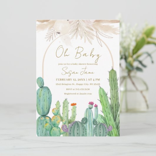 Elegant Boho Desert Cactus Arch Baby Shower Einladung (Stehend Vorderseite)