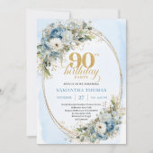 Elegant Boho Dusty Blue Floral Gold 90th Birthday Einladung (Vorderseite)