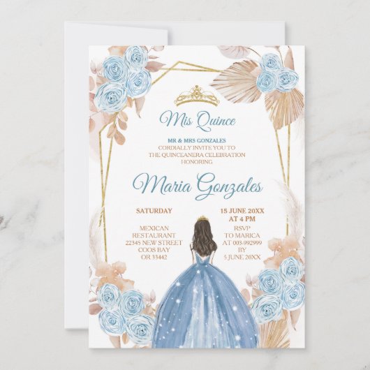 Elegant Boho Dusty Blue Floral Princess Sweet 15. Einladung (Vorderseite)