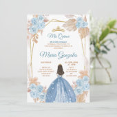 Elegant Boho Dusty Blue Floral Princess Sweet 15. Einladung (Stehend Vorderseite)