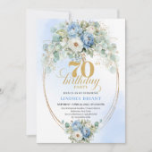 Elegant Boho Dusty Blue Flowers Gold 70th Birthday Einladung (Vorderseite)