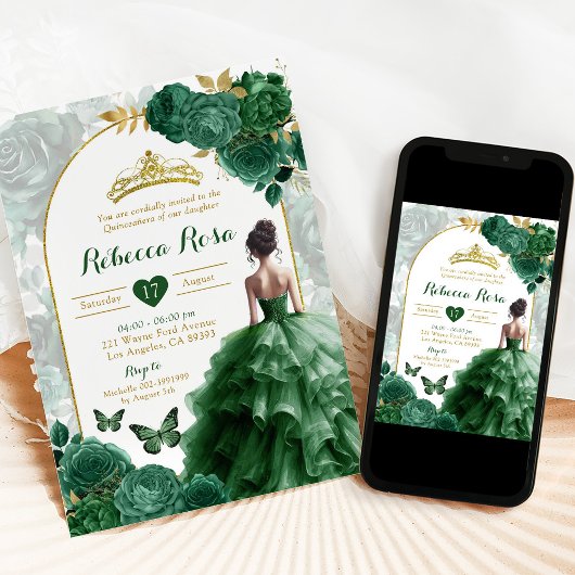 Elegant Boho Emerald Green Floral Quinceañera Einladung
