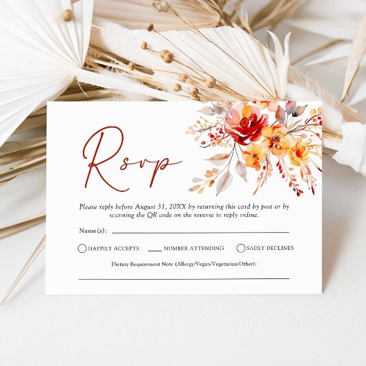 Elegant Boho Fall Floral QR Code Wedding RSVP Card Karte