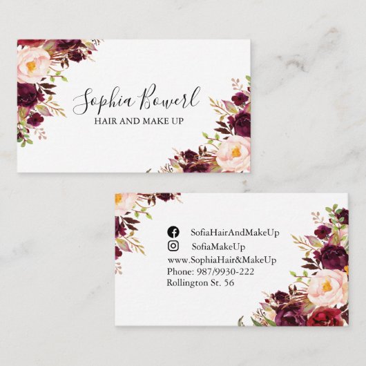 Elegant Boho Floral Burgundy Peony Blush Visitenkarte (Vorne/Hinten)