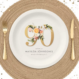 Elegant Boho Floral Gold Foil 90th Birthday Pappteller