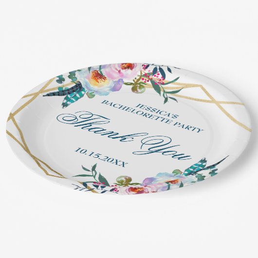 Elegant Boho Floral Junggeselinnen-Abschied Pappteller (Schrägansicht)