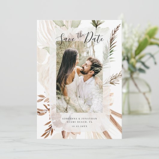Elegant Boho Floral Pampas Foto Save The Date (Stehend Vorderseite)
