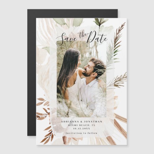 Elegant Boho Floral Pampas Foto Save the Date Magneteinladung (Vorne/Hinten)