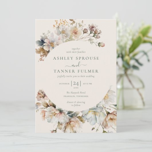 Elegant Boho Floral QR Code Foto Wedding Einladung (Stehend Vorderseite)