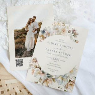 Elegant Boho Floral QR Code Foto Wedding Einladung