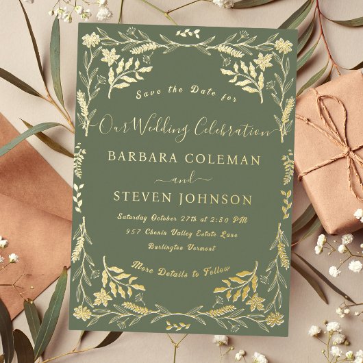 Elegant Boho Floral Sage Green Typografy Wedding Folieneinladung