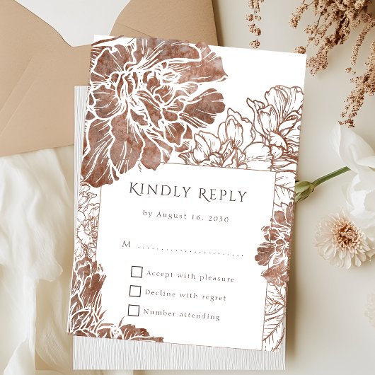 Elegant Boho Floral Terracotta Brown Wedding RSVP Karte