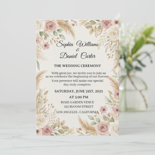 Elegant Boho Floral Wedding Invitation Einladung (Stehend Vorderseite)