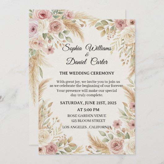 Elegant Boho Floral Wedding Invitation Einladung (Vorne/Hinten)
