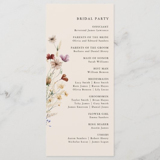 Elegant Boho Floral Wedding Programm (Rückseite)