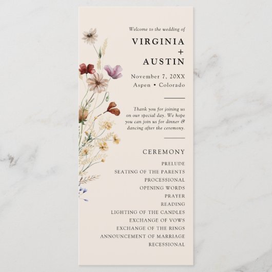 Elegant Boho Floral Wedding Programm (Vorderseite)