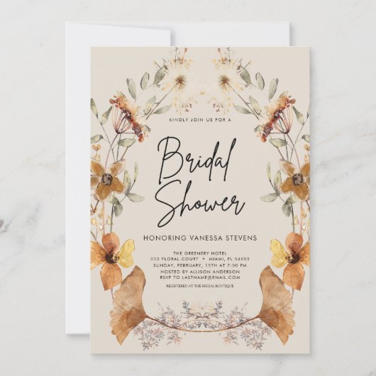 Elegant Boho Floral Wildblume Brautparty Einladung (Vorderseite)