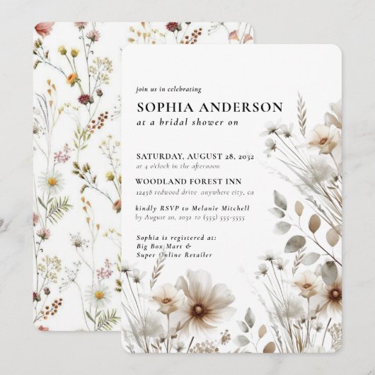 Elegant Boho Floral Wildblume Brautparty Einladung (Vorne/Hinten)