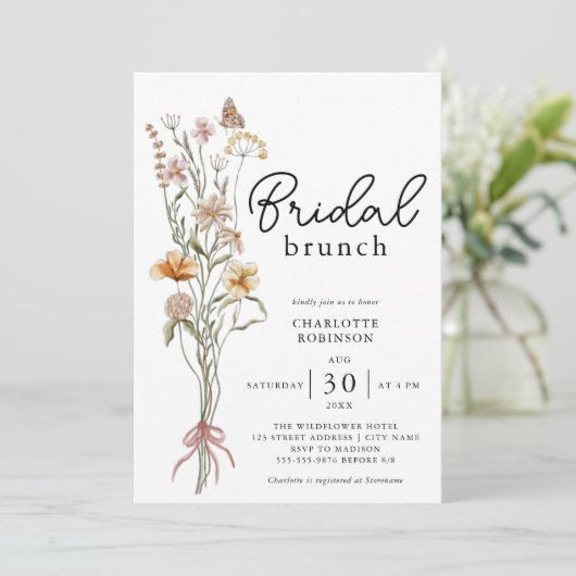 Elegant Boho Floral Wildblume Bridal Brunch Einladung (Stehend Vorderseite)