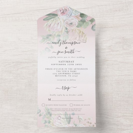 Elegant Boho Florals Eucalyptus Dusty Rose Wedding All In One Einladung (Innen Boden)