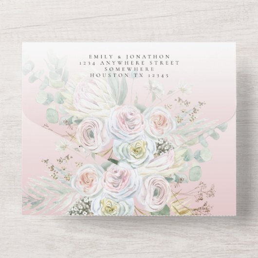 Elegant Boho Florals Eucalyptus Dusty Rose Wedding All In One Einladung (Rückseite)