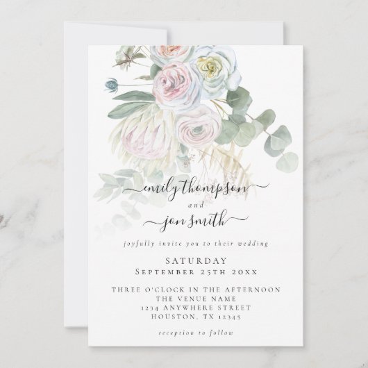Elegant Boho Florals Eucalyptus Pastel Wedding Einladung (Vorderseite)