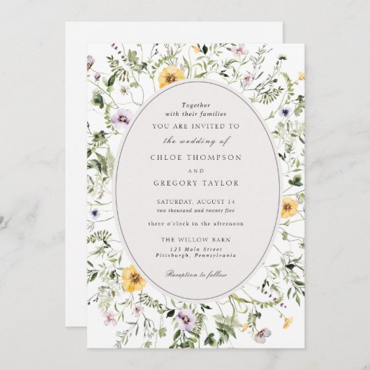 Elegant Boho Gelbe Wildblume Grüne Hochzeit Einladung (Vorne/Hinten)