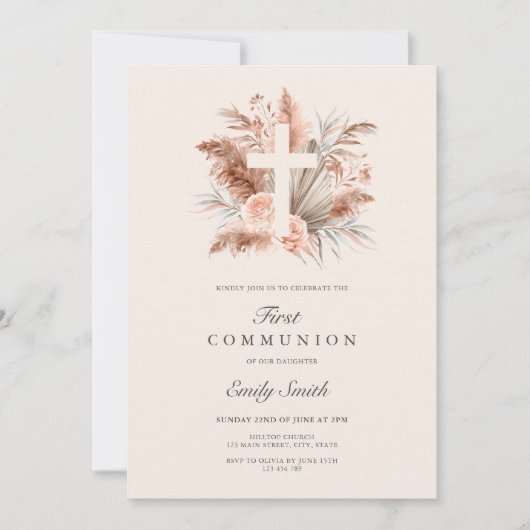 Elegant Boho Girl Floral Erste Kommune Einladung (Vorderseite)