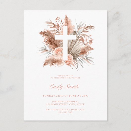 Elegant Boho Girl Floral Taufe Einladungspostkarte (Vorderseite)