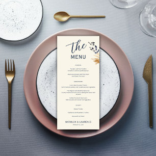 Elegant Boho Gold Foliage Blue Script Wedding Menükarte