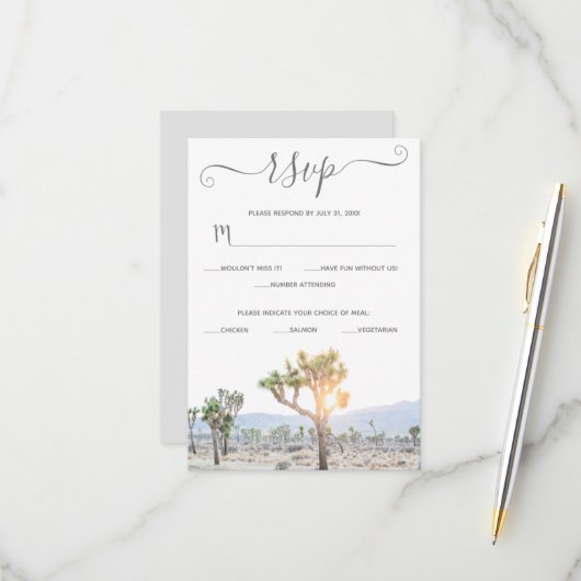 Elegant Boho Gray Greenery Custom Joshua Tree RSVP Karte (Vorderseite/Rückseite Beispiel)