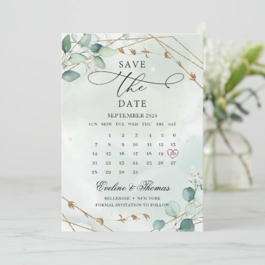 Elegant Boho Greenerage Foliage Gold Geometric Save The Date (Stehend Vorderseite)