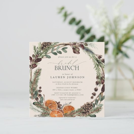 Elegant Boho Greenery Citrus Fall Bridal Brunch Einladung (Stehend Vorderseite)
