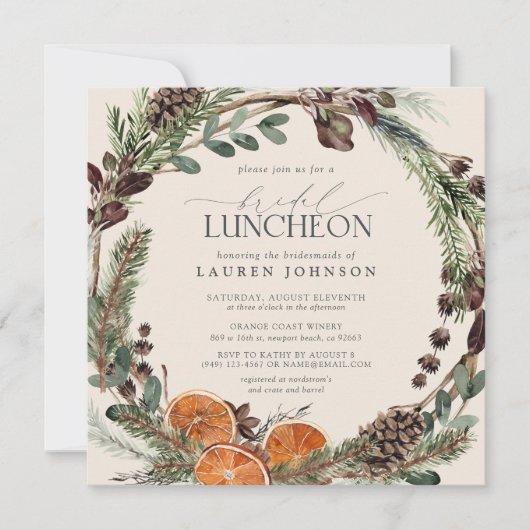 Elegant Boho Greenery Citrus Fall Bridal Luncheon Einladung (Vorderseite)