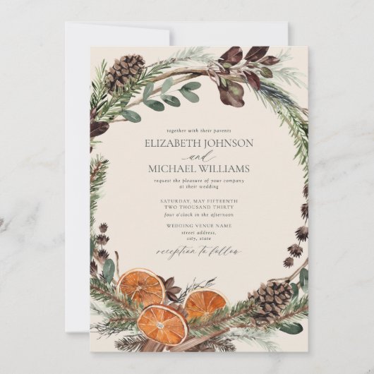 Elegant Boho Greenery Citrus Winter Wedding Einladung (Vorderseite)