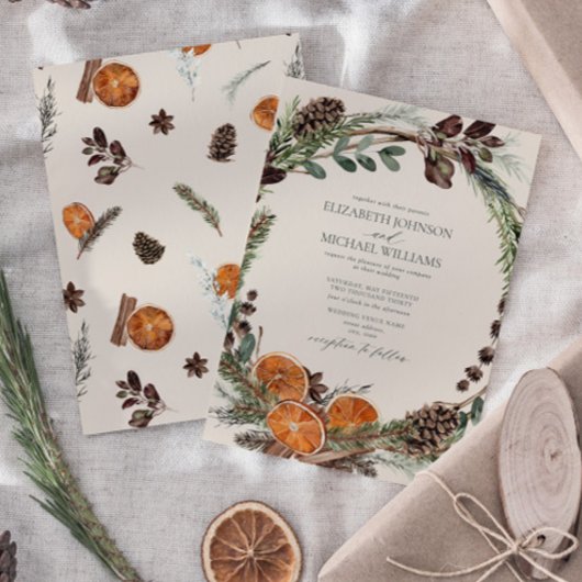 Elegant Boho Greenery Citrus Winter Wedding Einladung