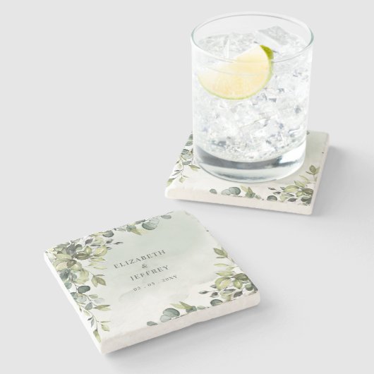 Elegant Boho Greenery Eucalyptus Wedding Steinuntersetzer (Seitenansicht)