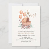 Elegant Boho Greenery Stroller Balloon Baby Shower Einladung (Vorderseite)