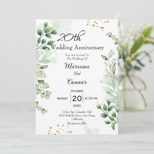 Elegant Boho Greenery Wedding Anniversary Einladung (Stehend Vorderseite)