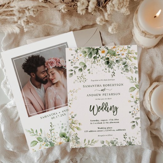 Elegant Boho Greenery Wildblume Foto Wedding Einladung