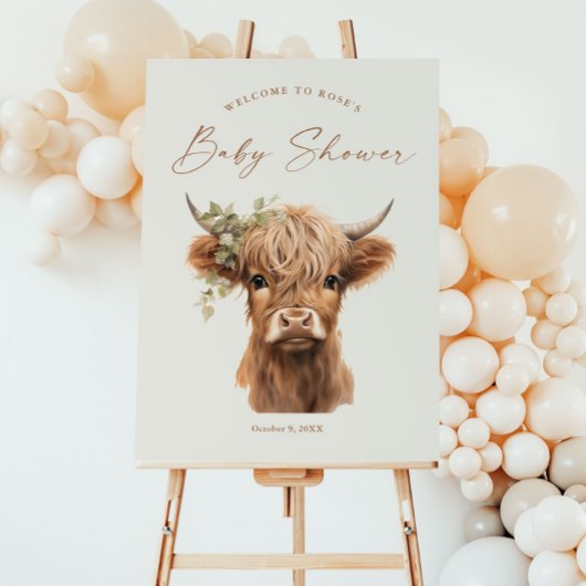 Elegant Boho Highland Cow Baby Shower Willkommen Poster