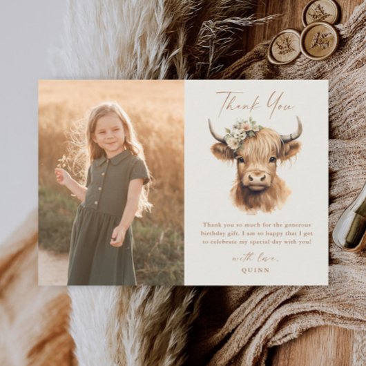 Elegant Boho Highland Cow Kids Foto Geburtstag Dankeskarte