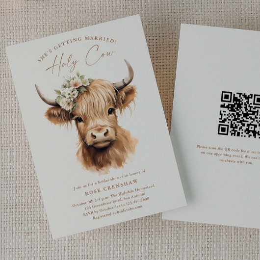 Elegant Boho Highland Cow QR Brautparty Einladung